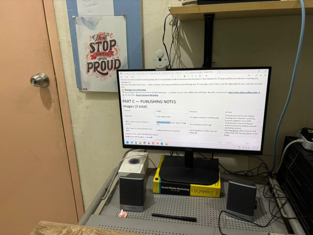 Lili Budiman's home workspace where he plans his weekly network marketing content